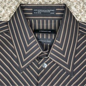 Claiborne Striped 70s Style Dagger Collar Cotton Button Up Shirt - Brown